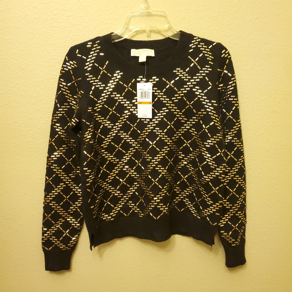 NWT Michael Kors Sweater with Gold Bugle Beads Sz Small